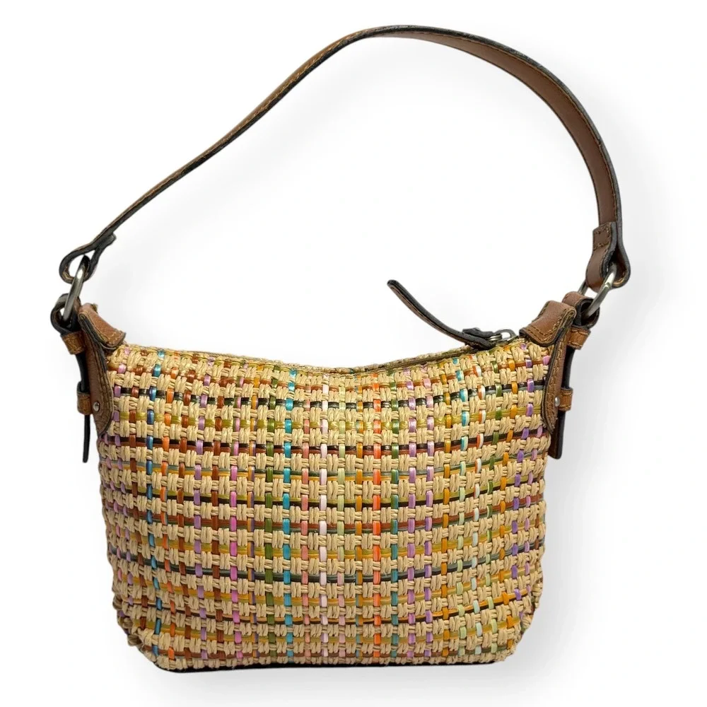 Y2K Fossil Mini Shoulder Bag Woven Straw Rainbow Detail Brown Leather Whimsy